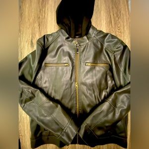 Guess men’s brown pleather jacket with zip out hoodie size XL
